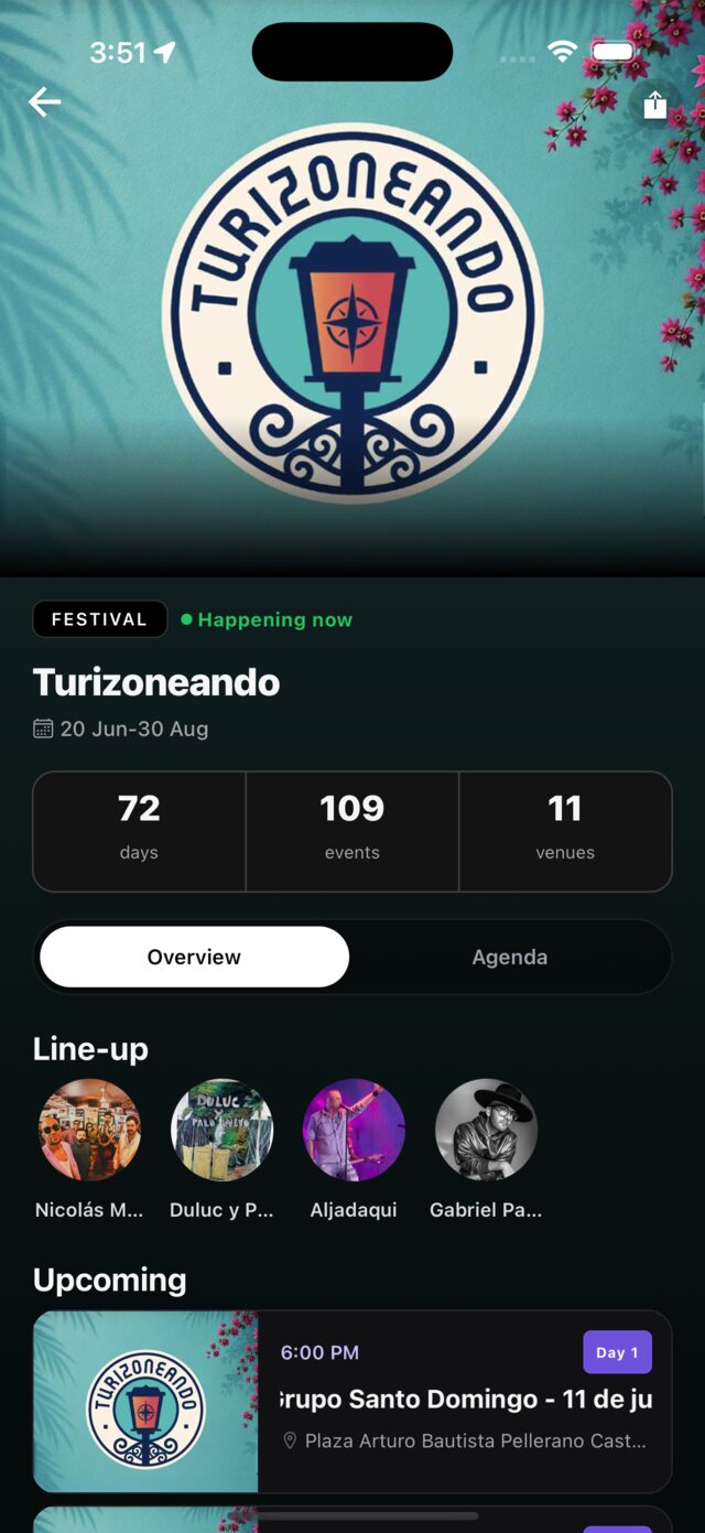 Écran du festival Turizoneando dans l'application Voy