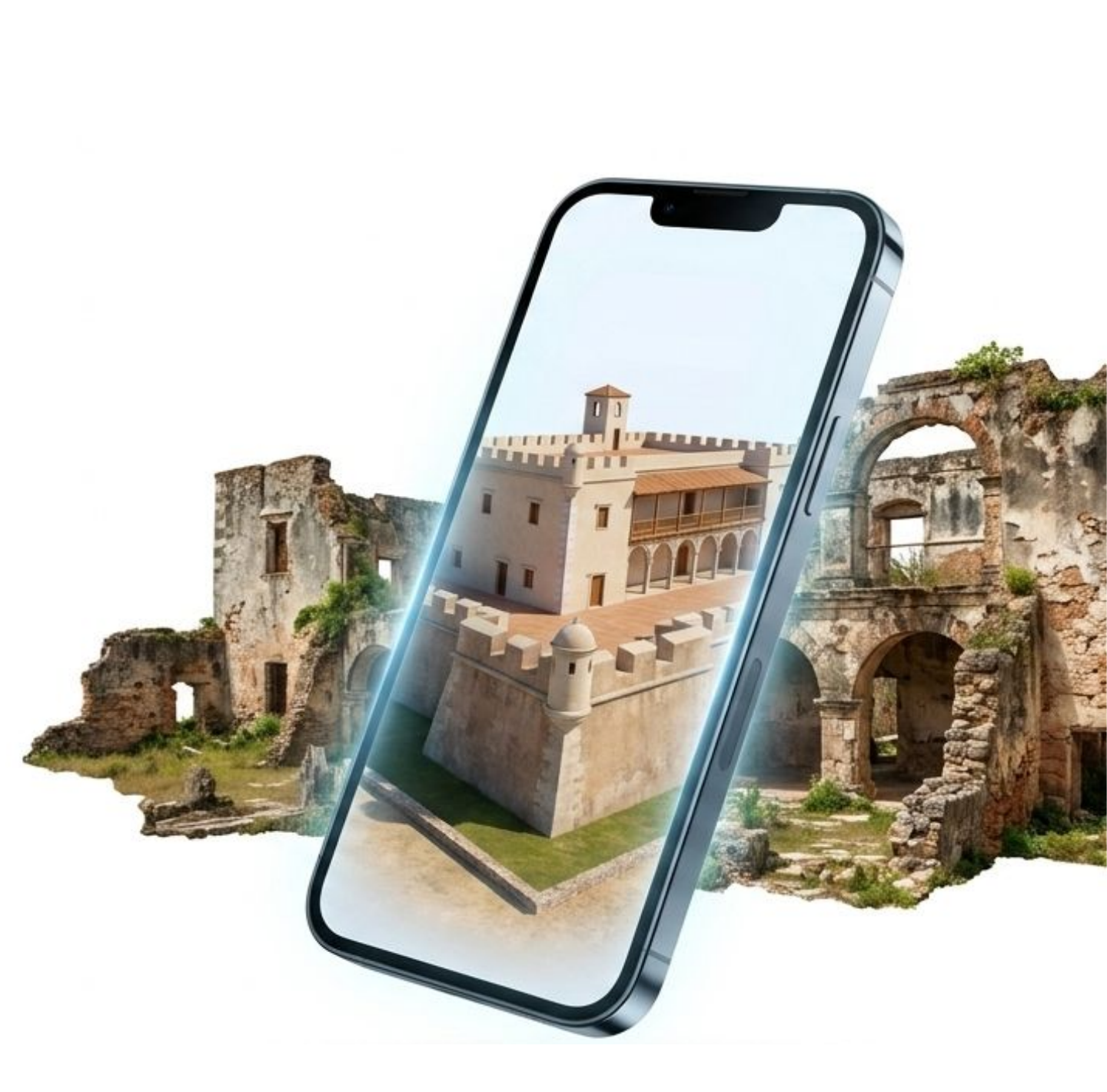 Téléphone affichant une reconstitution de ruines en RA