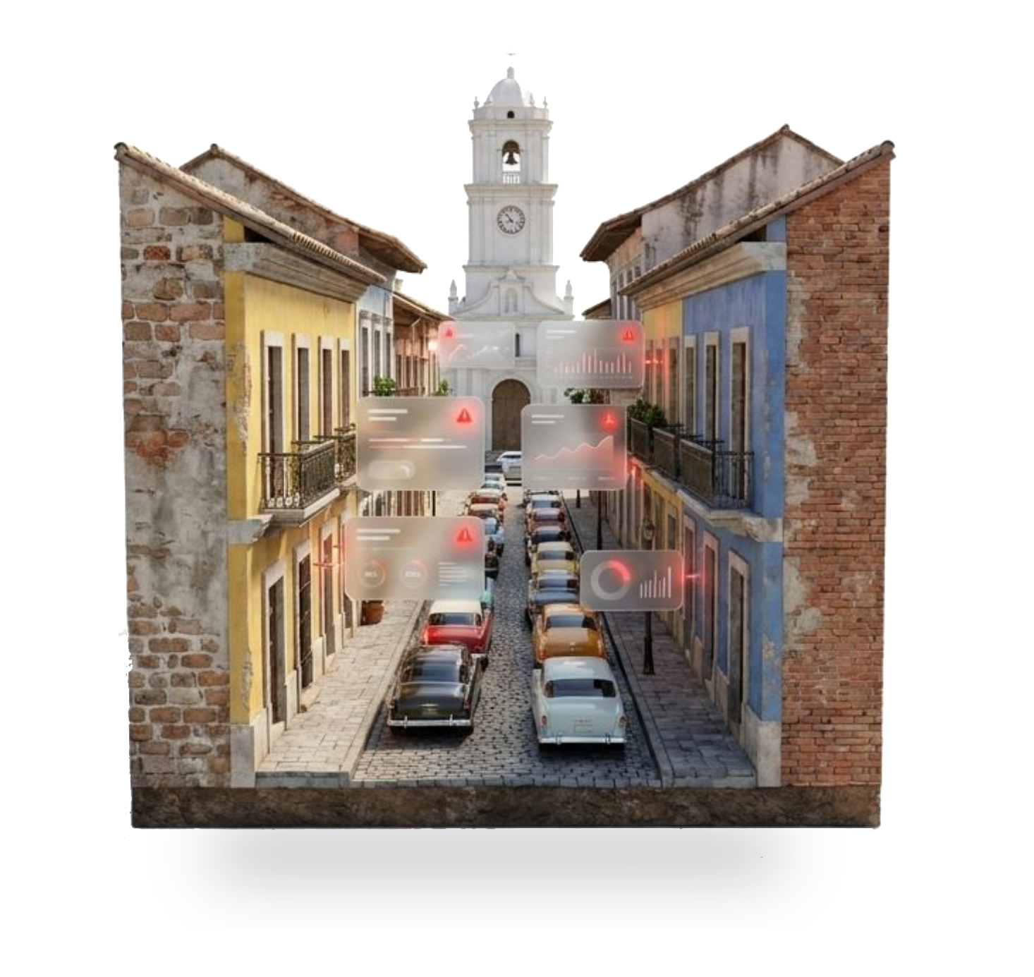 Rue coloniale congestionnée avec des alertes